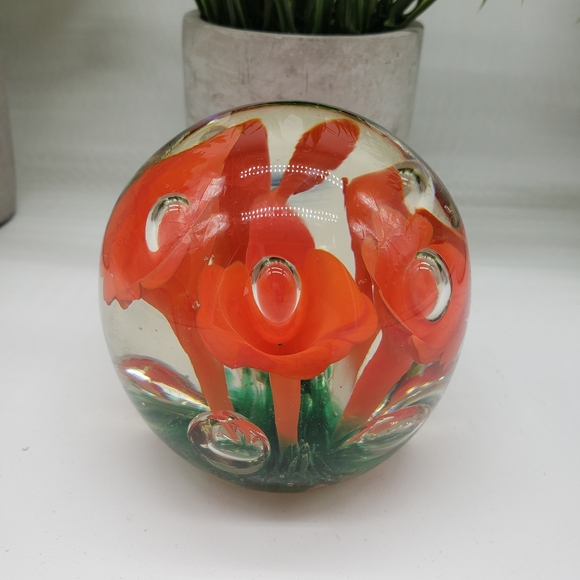 Joe St. Clair Other - Joe St. Claire Art Glass Paperweight with Orange Trumpet-shaped Flowers